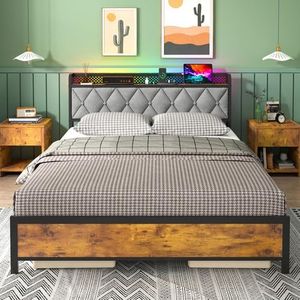 Ufurniture Queen Bed Frame, Industrial Metal Bed Base with Headboard Storage and LED Light, Mattress Platform with Charging Station and USB Ports Bedroom Furniture