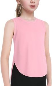 JOCMIC Girls Athletic Tank Tops Dry Fit Performance Top Split Curved Hem Sleeveless Shirts for Gym Yoga Running Pink 11-12 Years