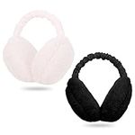 Draftor Women Earmuffs,2Pcs Winter Ear Muffs Adjustable Faux Fur Ear Warmer Warm Windproof Plush Earmuffs Foldable For Men Girl Thanksgiving(One Size Black+White)