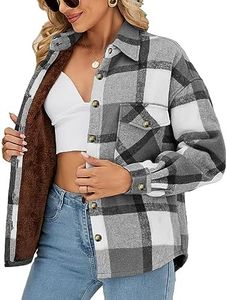 SeekMe Womens Sherpa Fleece Lined Jackets Plaid Flannel Shirts Shackets Warm Winter Thermal Fuzzy Coats with Pockets, Grey Black, Small