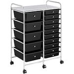 Yaheetech 15 Drawers Plastic Storage Cart, Multipurpose Mobile Organizer Unit with 4 Lockable Wheels, Utility Rolling Trolley for Home Office School Salon & Beauty, Black