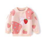 HSTiSan Toddler Baby Girl Knit Sweater Pure Cotton Sweater Strawberry Little Rabbit Autumn Winter Girls' Base Layer Sweater, pink/3-4y