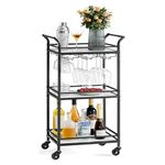 VASAGLE Bar Cart, Home Bar Serving Cart, Small Bar Cart with 3-Tier Shelf, Wine Holders, Glass Holders, Mini Bar Cart for Small Spaces, Kitchen, Dining Room, Living Room, Ink Black ULRC101B01