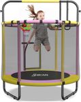 BCAN 60'' Mini Trampoline for Ages 1 to 8 Kid, 5FT Toddler Trampoline - Indoor/Outdoor Use with Enclosure Net, Foam Handle, Adjustable Gymnastics Bars, Basketball Hoop, Gifts for Boys & Girls-Pink