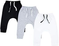 SOBOWO Baby Joggers 3-6 Months Baby Boy White Pants Newborn 3-Pack Joggers Infant Cotton Harem Pants for Toddler Boys Girls Interlock 195 GSM (3-6 Months, Black/White/Grey)