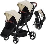 Tandem Stroller, Double Bassinet Stroller for Newborn and Toddler Twins, Reversible Seat Adjustable Canopy, One-Hand Fold Frame with Large Storage Basket, Beige