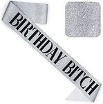 CORRURE 'Birthday ' Sash Glitter with Black Foil - Silver Glitter Happy Birthday Sash for Women - Party Favors Supplies and Decorations for Sweet 16, 18th 21st 30th 40th or Any Bday Party