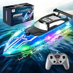 RC Boat with Dazzling LED Lights, 2.4Ghz Remote Control Racing Boats for Kids 8-12,Toy Water Boat for Pools and Lakes with Waterproof,Rechargeable Battery, for Boys Girls Blue