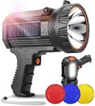 YIERBLUE Rechargeable Spotlight Flashlight with Solar Panels, 100000 High Lumen Outdoor Handheld Spot Lights and Flood Light, Foldable Stand and 3 Colors Lenses for Boating Hunting and Camping