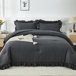 Andency Dark Gray Comforter Set Full, 3 Pieces Full Bed Solid Bedding Comforters & Sets, (1 Ruffle Comforter and 2 Pillowcases) All Season Lightweight Fluffy Soft Microfiber Bedding Set(79x90Inch)