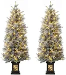 GAOMON 4.5ft Christmas Tree 2 Set with 200 Warm White LED Lights, Pre-Lit Snow Flocked Christmas Tree with Snowflake Potted Base, Artificial Xmas Tree with Red Berries, for Home, Entrances