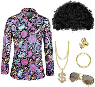 Mens 70s 80s Disco Costume Set Wigs Hairpieces Hippie Accessories Set Funky Afro Wig Sunglasses Necklace Theme Party Cosplay