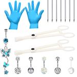 16PCS Belly Button Ring Piercing Kit,14G Body Piercing Needles and Disposable Piercing Clamps Set for 316L Surgical Stainless Steel Silver Belly Button Ring Navel Piercing