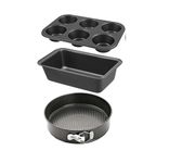 Xacton Cake Mould Combo I Round Shape Cake Mould,Bread Loaf Pan, and 6 Slot Cup Cake Muffin Tray I Cake Baking and Decoration Tools I Can be Used Microwave Oven OTG, Cooker - Black, Carbon Steel