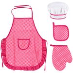 Kids Apron and Chef Hat Set, Cooking Baking Set Kids with White Child Chef Cooking Hat, Rose Red Cotton Chef Apron, Children Oven Gloves, Heat Resistant Pad for Toddle From Age 3-12 Years Old