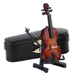 Mini Violin, Wooden Miniature Violin Model with Bow Stand Case Dollhouse Accessories for Home Office Decor Birthday