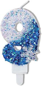 Blue Birthday Candles 9, Blue and White Glitter Birthday Number 9 Candles with Snowflake Party Supplies
