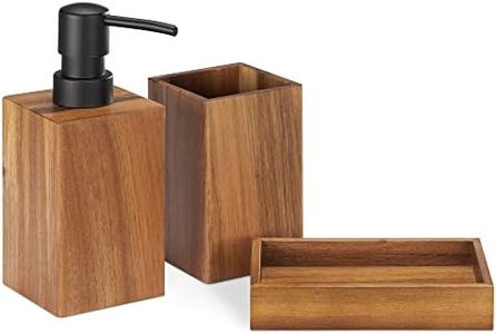 Navaris Bamboo Bathroom Accessories Set - 3-Piece Bath Accessory Kit with Toothbrush Holder/Liquid Soap Dispenser/Soap Dish Tray - Acacia Wood