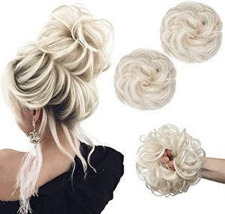 SARLA Updo Messy Bun Hair Piece White Blonde Synthetic Fake Scrunchies Ponytail Extension Wavy Curly for Women Girls 2PCS