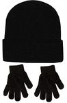 Children's Kids Girls Boys Stretchy Thermal Lined Plain Black Hat And Gloves 6 to 12 Yeas Approx Size for Winter Autumn