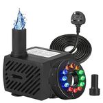 Mini Submersible Water Pump with Led Lights (350L/H,5W) Ultra Quiet Aquarium Water Pump Adjustable Fountain Pump with 142CM Power Cord 2 Nozzles for Fountain Pond Garden Hydroponics