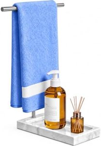 AMZSHARK Marble Tray Hand Towel Holder for Bathroom, Carrara White Marble | Hand Towel Rack Bar Standing for Vanity Kitchen Countertop, CNC Solid Aluminum, Satin Bright Silver, Elevated Freestanding