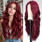 EMMOR Long Wine Red Wavy Wig for Women Lace Front Wigs Natural Looking 26 Inch Middle Part Curly Wig Heat Resistant Synthetic Wigs for Daily Party Use