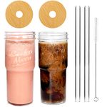 ANOTION Glass Cups with Lids and Straws 2 Packs, 24oz Travel Coffee Mug Wide Mouth Bamboo Mason Jar Iced Coffee Cup Smoothie Cup Glass Tumbler Tea Cup Clear Cute Water Cups Drinking Jars Glasses