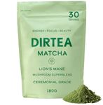 DIRTEA 100% Organic Matcha Tea with Lion’s Mane, Reishi & Tremella | Ceremonial Grade from Japan | 2,500mg Mushrooms per Serving | Vegan & Non GMO | 180g - 30 Servings