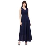 AAYU Women Fit & Flare Solid Pleated Neack Maxi Dress Blue (38 Size)