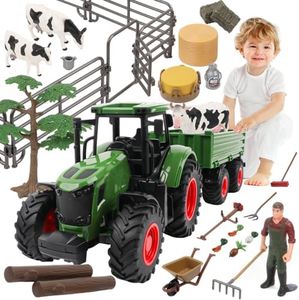 Peagprav Farm Animal Tractor Toys Playset-16.5 Inches Tractor with Trailer Fence,Farmer,Tree,Cow,Farm Toy Set for Boys Girls Kids Toddlers Age 3-7 Years Old