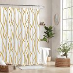 Biscaynebay Extra Long Textured Fabric Shower Curtain 72 W x 84 L, Gold Striped Printed Linen Modern Hotel Luxury Quality Cloth Bathroom Curtains Machine Washable