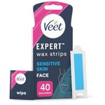 Veet Expert Facial Wax Strips For Women, 40 Count + 4 Finish Wipes, Sensitive Skin Remover With Almond Oil, Dermatologically Tested, Effective Face Solution