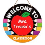 SICOHOME Personalized Teacher Sign 12" Welcome Back to School Classroom Door Sign Apple Pencil Teacher Hanger Plaque Teacher Appreciation Gift for Kindergarten Primary High School Classroom Decoration