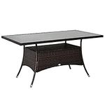 Outsunny 59" x 34" Patio Rattan Dining Table, Outdoor Wicker Table with Tempered Glass Top and Storage Shelf, All Weather Backyard Furniture, Brown