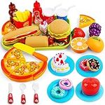 Hanmulee Pretend Play Food, 33PCS Cutting Toys with Pizza Hamburger Cake and Fruits Kitchen Play Set, Educational Role Play Toys for Kids Toddlers…