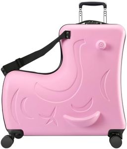AO WEI LA OW Ride on Hard Shell Kids Luggage with 4 Spinner Wheels for Girls and Boys, Rolling Childrens Travel Suitcase with Seat and Safety Belt for Toddler Ages 6-12, Checked size 25 Inch, Pink