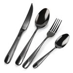 16 Piece Cutlery Set, Black Stainless Steel Knife and Fork Sets Service for 4, Hammered Pattern Design Tableware with Forks/Spoons/Knives, Modern Silverware Set for Home/Restaurant/Party