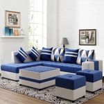 FURNY Stolan 8 Seater Fabric LHS Sectional L Shape Sofa Set with Centre Table & 2 Puffy (Blue-Light Grey)