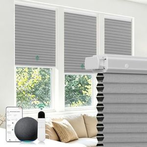 Allesin No Drill Motorized Cellular Shades Quiet Motor Smart Honeycomb Blinds with App and Voice Control Rechargeable Solar Option Aluminum Rails(48" W x 64" H, 100% Blackout Volcanic Gray)