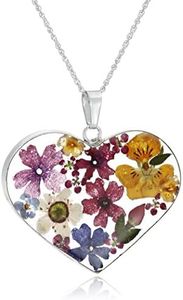 Amazon Collection Sterling Silver Multicolored Pressed-Flower Heart Pendant Necklace, 18"