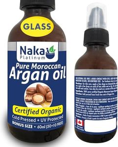 Naka Platinum Pure Moroccan Argan Oil, Certified Organic, Cold Pressed + UV Protected, For Hair Skin and Nails, Made in Canada (50+10ml FREE)