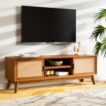 Bme Jasper Premium Solid Wood, 10 Minutes Assembly (Legs Only), Aesthetic Rattan Doors, Mid Century Entertainment Center for Living Room, TV Stand for 65" TV, Dark Chocolate