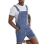 Mens Denim Bib Overall Shorts Rompers Loose Fit Stretchy Crimping Washed Distressed Denim Dungarees Retro Streetwear Workwear Walkshorts Playsuits