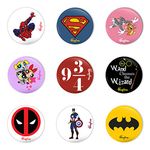 Bhai Please Pin Badge Batman, Deadpool, Superman, Spiderman, Tom And Jerry, Powerpuff Girl, Harry Potter And Captain America- Multi Color (Pack Of 9)