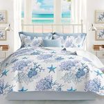 Coastal Bedding Queen Size Coastal Quilt with 2 Shams, Nautical Bedding Beach Comforter Sets Ocean Bedspreads Blue Starfish Coverlet Summer Bedding, 90''x96''