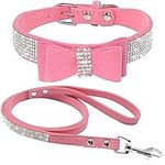 haoyueer Cute Dazzling Sparkling Elegant Fancy Soft Suede Leather Bling Rhinestone Crystal Jeweled Pet Cat Dog Puppy Collar Dog Leash Combo Set (M, Pink-1)