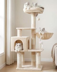 Heybly 110cm Cat Tree with Toy, Cat Tower for Indoor Cats, Cat Play Tower with Padded Plush Perch, Cozy Hammock and Sisal Scratching Posts, Multi-Level House for Kittens, Beige HCT004SM
