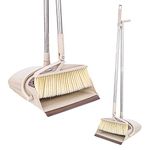 TORMETI Broom and Dustpan Set Stand Up Broom Head and Dust Pan Combo, Remove Hair with Built-in Wisp Scraper (Beige)(Hard_Floor) (Alloy_Steel & Rubber)