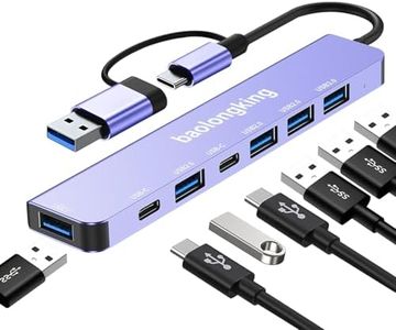 7 in-1 HUB Adapter, USB C Hub with 2USB-C Data Ports, USB3.0 & 4USB2.0, Portable USB C Multiport Adapter, for Tablet, Laptop, PS5/PS4, Switch, Printer, USB Fan, Flash Drive (7 IN1 Purple)